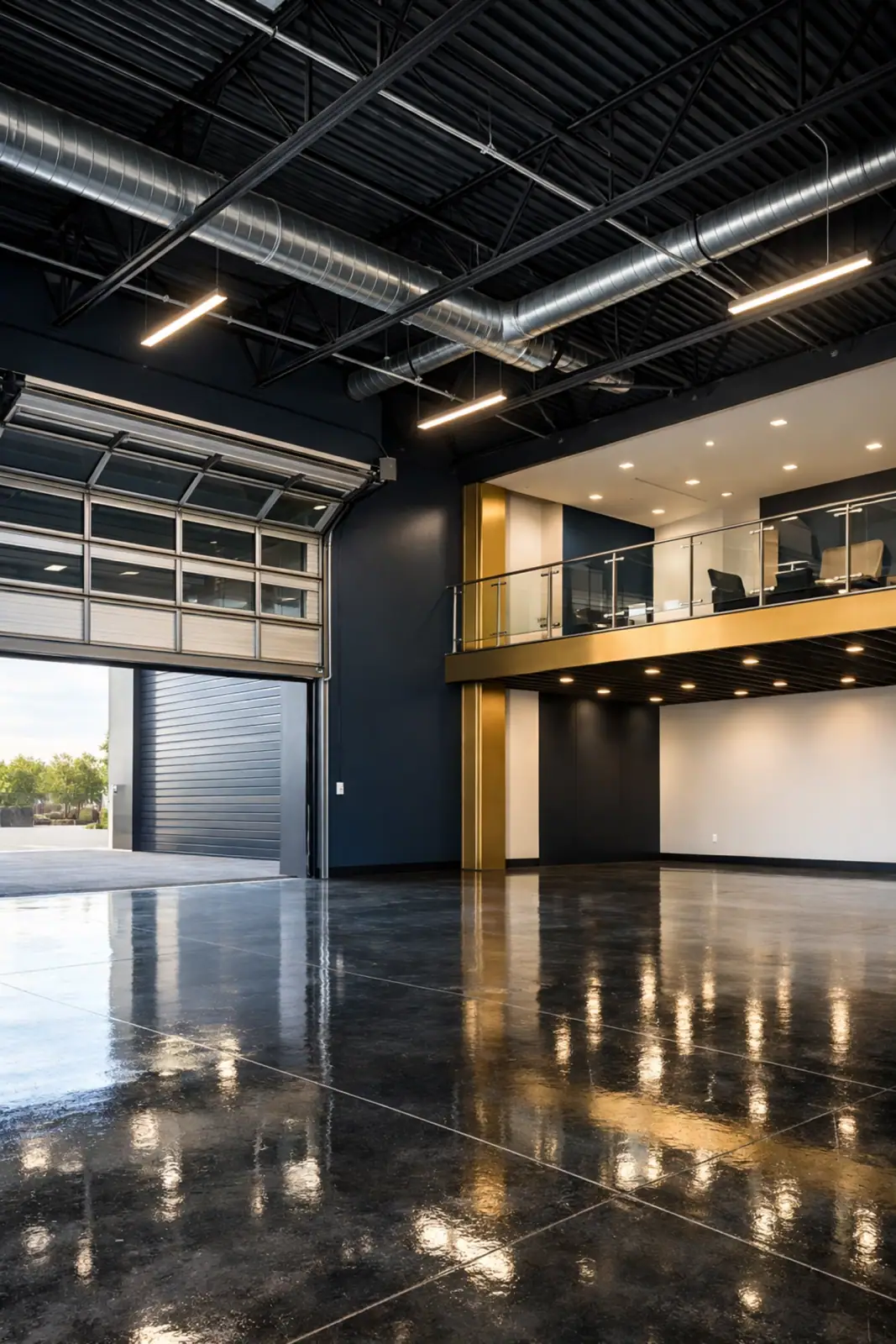 Modern industrial flex space interior in Louisville featuring high ceilings and polished concrete floors for owner-users.