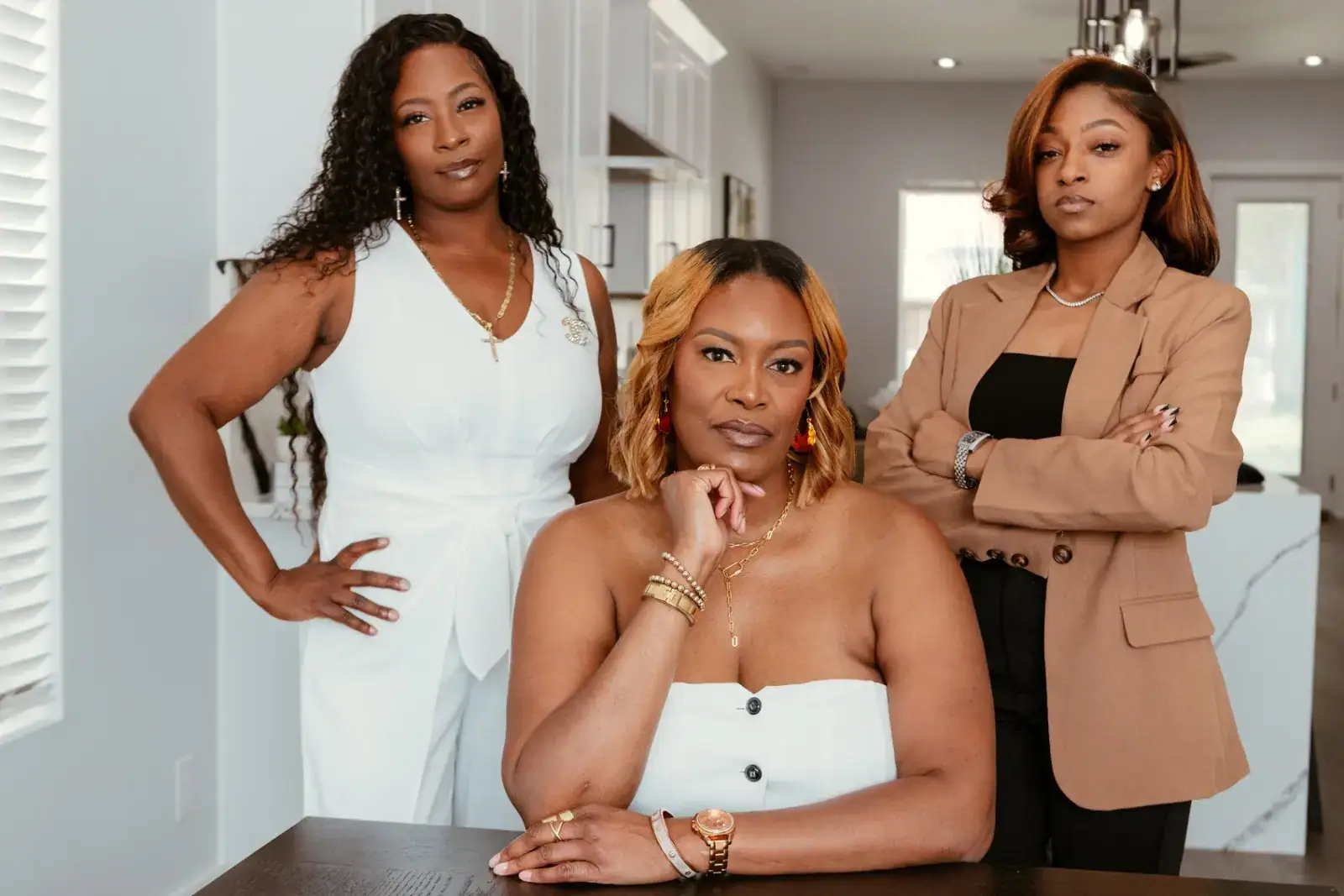 Power Collective Enterprises Leadership Three professionally dressed women of color, exuding confidence and leadership, pose together in a modern, sunlit home interior. Their strong presence reflects the Power Collective Enterprises mission: empowering women and people of color in commercial real estate ownership, legacy building, and community wealth.