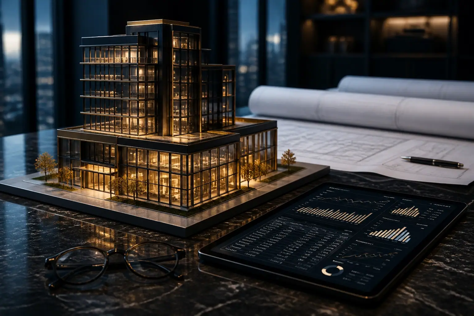 Architectural model and financial charts representing underwriting for commercial real estate investing.