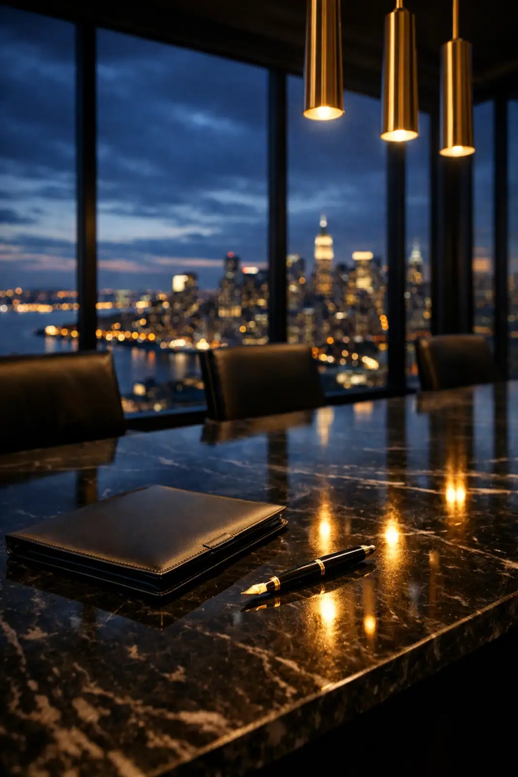 Executive boardroom overlooking a city skyline representing wealth strategy for commercial real estate investors.