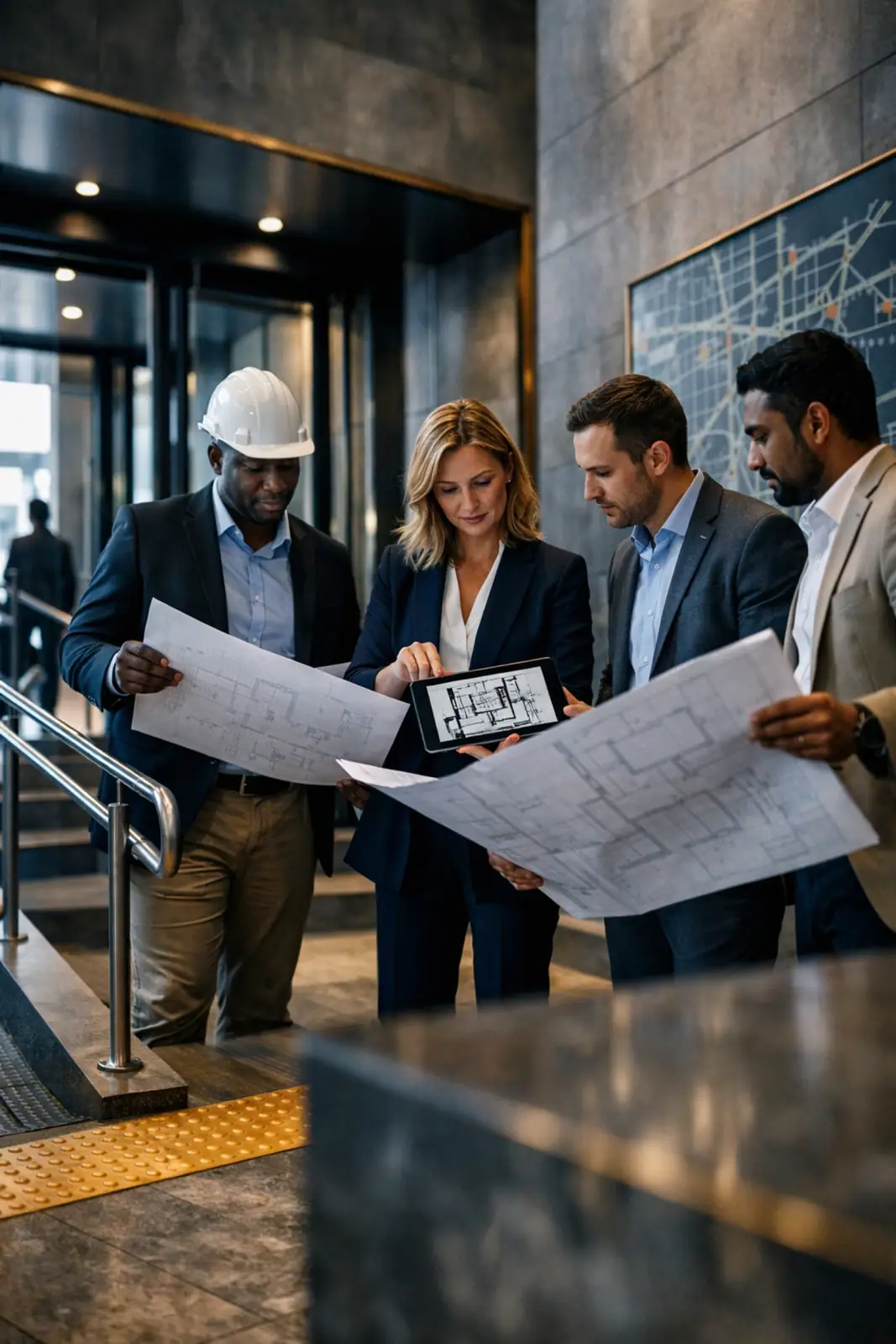Real estate professionals evaluating zoning and ADA compliance during a commercial real estate property walkthrough.